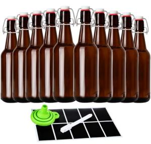 TienChoo 16.5oz Amber Beer Bottles with Flip Caps Set of 10, Swinging Top Glass Brewing Bottles with Airtight Lids for Vanilla Extract, Fermentation Kombucha, Beverage, Water, Kefir, Soda