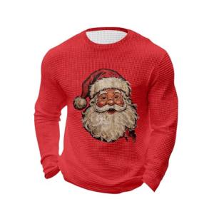 Men Waffles Shirts Santa Claus Graphic Tees Shirt Long Sleeve Crewneck Loose Comfy T-Shirt Loungewear Pajamas Tops Red Medium
