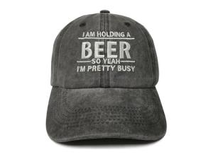 ZKFE Im Holding A Beer So Yeah Im Pretty Busy Hat, Gifts for Weekend Vibes BBQ Lover, Washed Black Embroidered Drinking Baseball Cap