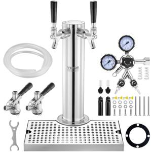 VEVOR Kegerator Tower Kit, Dual Taps Beer Conversion Kit, Stainless Steel Keg Beer Tower Dispenser with Dual Gauge CGA320 Regulator & D-System Keg Coupler, Beer Drip Tray for Party Home