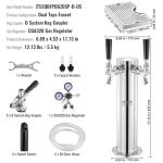 VEVOR Kegerator Tower Kit, Dual Taps Beer Conversion Kit, Stainless Steel Keg Beer Tower Dispenser with Dual Gauge CGA320 Regulator & D-System Keg Coupler, Beer Drip Tray for Party Home