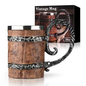Ocean ice Beer Mugs, 19 oz Vintage Beer Stein, Handmade Wooden Barrel Viking Mug, Double Wall Beer Mugs for Freezer, Tankard Heavy Mug, Freezer Beer Mugs with Handles, Dishwasher Safe