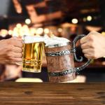Ocean ice Beer Mugs, 19 oz Vintage Beer Stein, Handmade Wooden Barrel Viking Mug, Double Wall Beer Mugs for Freezer, Tankard Heavy Mug, Freezer Beer Mugs with Handles, Dishwasher Safe