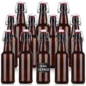 KITGLASCUP 16.5 oz 12 Pack Amber Swing Top Glass Bottles for Airtight Lids, Home Brewing and Fermentation Kombucha, Vanilla Extract, Beverage, Water, Kefir
