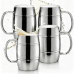 Goaste 4 Pack Stainless Steel Barrel Mugs, 15 OZ Double Walled Beer Stein with Strong Handle, Heat Insulated Metal Drinking Cup, Coffee Tea Camping Travel Tumblers for Hot or Cold Beverages