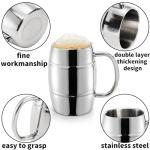 Goaste 4 Pack Stainless Steel Barrel Mugs, 15 OZ Double Walled Beer Stein with Strong Handle, Heat Insulated Metal Drinking Cup, Coffee Tea Camping Travel Tumblers for Hot or Cold Beverages