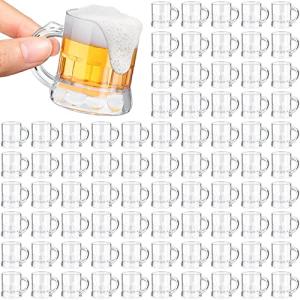 Yinder 100 Pieces 2 oz Mini Beer Mug Plastic Shot Glasses Beer Mug Glass with Handles Clear Mini Solid Base Reusable Stein Tasting Glasses for Vodka, Whiskey, Espresso, Birthday, BBQ Party