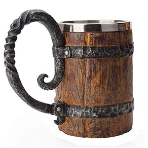 VORAGA Handmade Wooden Barrel Beer Mug, Bucket Shaped Drinkware with Handle, Stainless Steel Double Wall Cocktail Mug for Bar Restaurant, Vintage Bar Accessories (18 oz)