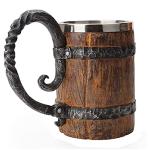 VORAGA Handmade Wooden Barrel Beer Mug, Bucket Shaped Drinkware with Handle, Stainless Steel Double Wall Cocktail Mug for Bar Restaurant, Vintage Bar Accessories (18 oz)