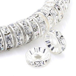 Silver Rondelle Spacer Beads with Crystal Stones, 100 pcs