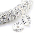 Silver Rondelle Spacer Beads with Crystal Stones, 100 pcs
