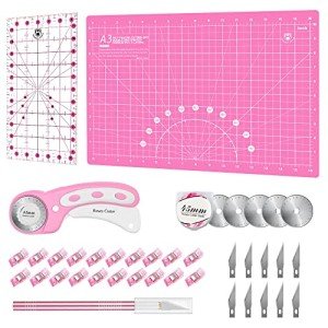 Headley Tools Rotary Cutter Set - 45mm Fabric Cutter, 5 Replacement Rotary Blades, A3 Cutting Mat, Quilting Ruler and Sewing Clips, Craft Knife Set, Ideal for Crafting, Sewing, Patchworking, Pink
