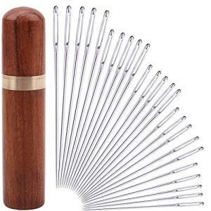 25Pieces Hand Sewing Big Eye Needles Sharp Needle,with Solid Wood Needle Case for