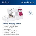 Brother PE545 Embroidery Machine, Wireless LAN Connected, 135 Built-in Designs, 4" x 4" Hoop Area, Large 3.7" LCD Touchscreen, USB Port, 10 Font Styles