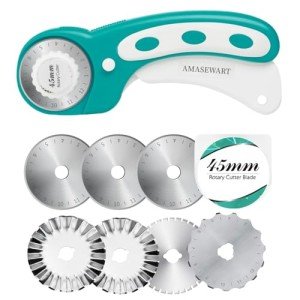 AMASEWART 45mm Rotary Cutter for Fabric with 8pcs Rotary Blades, Rolling Fabric Cutter Crochet Edge Skip Stitch Blade Perforating Rotary Cutter, Pinking Rotary Cutter for Quilting Crafts Sewing