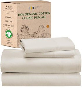 California Design Den 100% Organic Cotton King Size Sheet Set, Percale Sheets, Deep Pocket King Sheets, GOTS Certified - Hotel Sheets, 4 Piece Cotton Bed Sheets King, Ivory Sheets