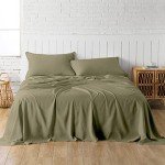 Olive Green Linen-Textured Bed Sheets Set, Bamboo Rayon , Cotton , Linen Blend Bed Sheets Queen Size, Soft Cool & Breathable for Hot Sleepers,Durable Natural Organic Bed 15'' Deep Pocket - 4 Piece