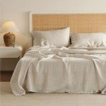 Bedsure Linen Sheets - Queen Linen Bed Sheet, 4 Pcs Linen Cotton Sheets Queen Size Set, Linen Cotton Blend Sheets for All Seasons, 1 Flat Sheet, 1 Fitted Sheet and 2 Pillowcases (Linen, Queen)