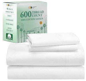 California Design Den Luxury California King Extra Deep Pocket Sheets, 600 Thread Count 100% Cotton Sateen, California King Sheet Set, Hotel-Quality Bedding - Bright White
