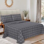 RUVANTI Flannel Sheets Queen Size - 100% Cotton Double Brushed Bed Sheets, Deep Pockets 16 Inches Queen Sheet Set, All Seasons Breathable & Extra Soft - Warm & Cozy, 4 Piece, Grey Plaid