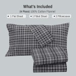 RUVANTI Flannel Sheets Queen Size - 100% Cotton Double Brushed Bed Sheets, Deep Pockets 16 Inches Queen Sheet Set, All Seasons Breathable & Extra Soft - Warm & Cozy, 4 Piece, Grey Plaid
