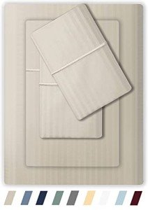 Feather & Stitch 500 TC Queen Size Damask Bed Sheet Set, 100% Soft Cotton Breathable Bedsheets, 18" Deep Pockets Sateen Weave Striped Bedding Mattress Resort Hotel Luxury Décor - (Beige, Queen)