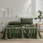 EVERLY Linen Queen Sheets Set, 100% Stonewashed French Linen Bed Sheets Deep Pocket Sheets, 4 Pieces (1 Flat Sheet, 1 Fitted Sheet, 2 Pillowcases) Natural Flax Bedding Set-Mossy Green