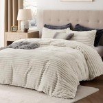 Bedsure Fluffy Comforter Cover Set - Ultra Soft Plush Shaggy Duvet Cover Queen Size, Warm Flannel Fleece Bed Sets for Winter, 3 Pieces, 1 Duvet Cover+2 Pillowcases (Striped Pattern, Linen)
