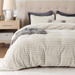 Bedsure Fluffy Comforter Cover Set - Ultra Soft Plush Shaggy Duvet Cover Queen Size, Warm Flannel Fleece Bed Sets for Winter, 3 Pieces, 1 Duvet Cover+2 Pillowcases (Striped Pattern, Linen)