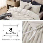 Bedsure Fluffy Comforter Cover Set - Ultra Soft Plush Shaggy Duvet Cover Queen Size, Warm Flannel Fleece Bed Sets for Winter, 3 Pieces, 1 Duvet Cover+2 Pillowcases (Striped Pattern, Linen)
