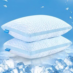 QUTOOL Double-Sides Cooling Pillow for Hot Sleepers, Shredded Memory Foam Pillow Queen Size Set of 2, Adjustable Soft & Firm Gel Bed Pillow for Side, Back, Stomach Sleepers