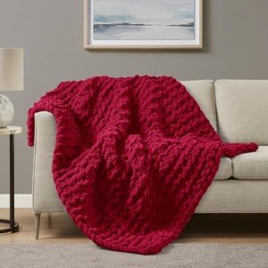 Madison Park Chenille Chunky Knit Handmade Throw Blanket, Luxuriously Soft Gift Blankets, Cottage Style Room Décor, Lightweight & Breathable All Seasons Throw Blanket for Couch, 50" W x 60" L Red