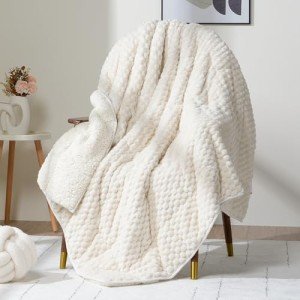 Wemore Fleece Weighted Blanket for Adults (60" x 80" 15lbs, Cream White), Dual Sided Cozy Soft Sherpa Heavy Blanket, 3D Imitation Turtle Shell Warm Jacquard Flannel Weighted Blankets for Couch and Bed