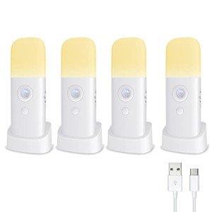 CREWEEL Motion Sensor Night Lights Indoor, Rechargeable Night Light Battery Powered, Portable Nightlight with Adjustable Brightness Activated Table Lamp for Kids, Adults(Warm Light, 4 Pack)