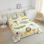 Nursery Cute Wild Animals Bedding Set for Girls Boys Child Kids Cartoon Lion Giraffe Crocodile Comforter Decor Nature Wildlife Comforter Set Zoo Animal Theme Duvet Set Full Size Quilt Set