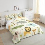 Nursery Cute Wild Animals Bedding Set for Girls Boys Child Kids Cartoon Lion Giraffe Crocodile Comforter Decor Nature Wildlife Comforter Set Zoo Animal Theme Duvet Set Full Size Quilt Set