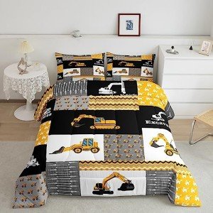 Feelyou Excavator Comforter Construction Vehicles Comforter Set Equipment Trucks Bedding Set for Children Kids Boys Girls Cartoon Car Duvet Set Geometric Lattice Room Decor Quilt Set Queen Size