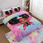 A Nice Night Black Girl Princess with Wings Comforter Set,Pink Gradient Glitter Rainbow Galaxy 6pcs Kids Bedding Set,Full