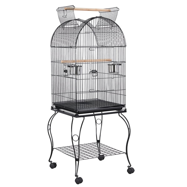 Black rolling bird cage with feeders and perches
