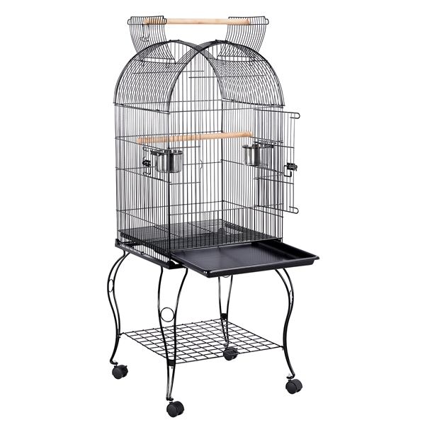 Black rolling bird cage with feeders and perches