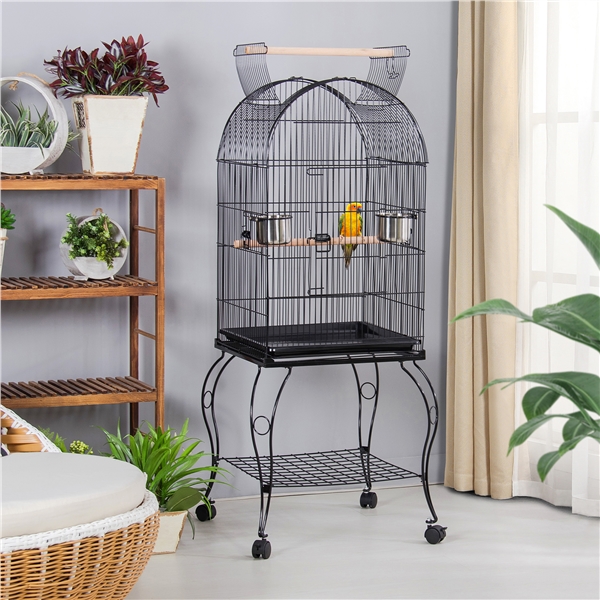 Black rolling bird cage with feeders and perches