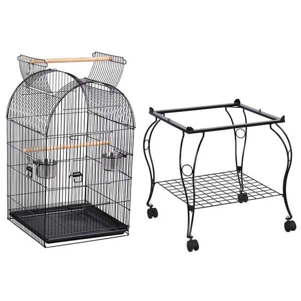 Black rolling bird cage with feeders and perches