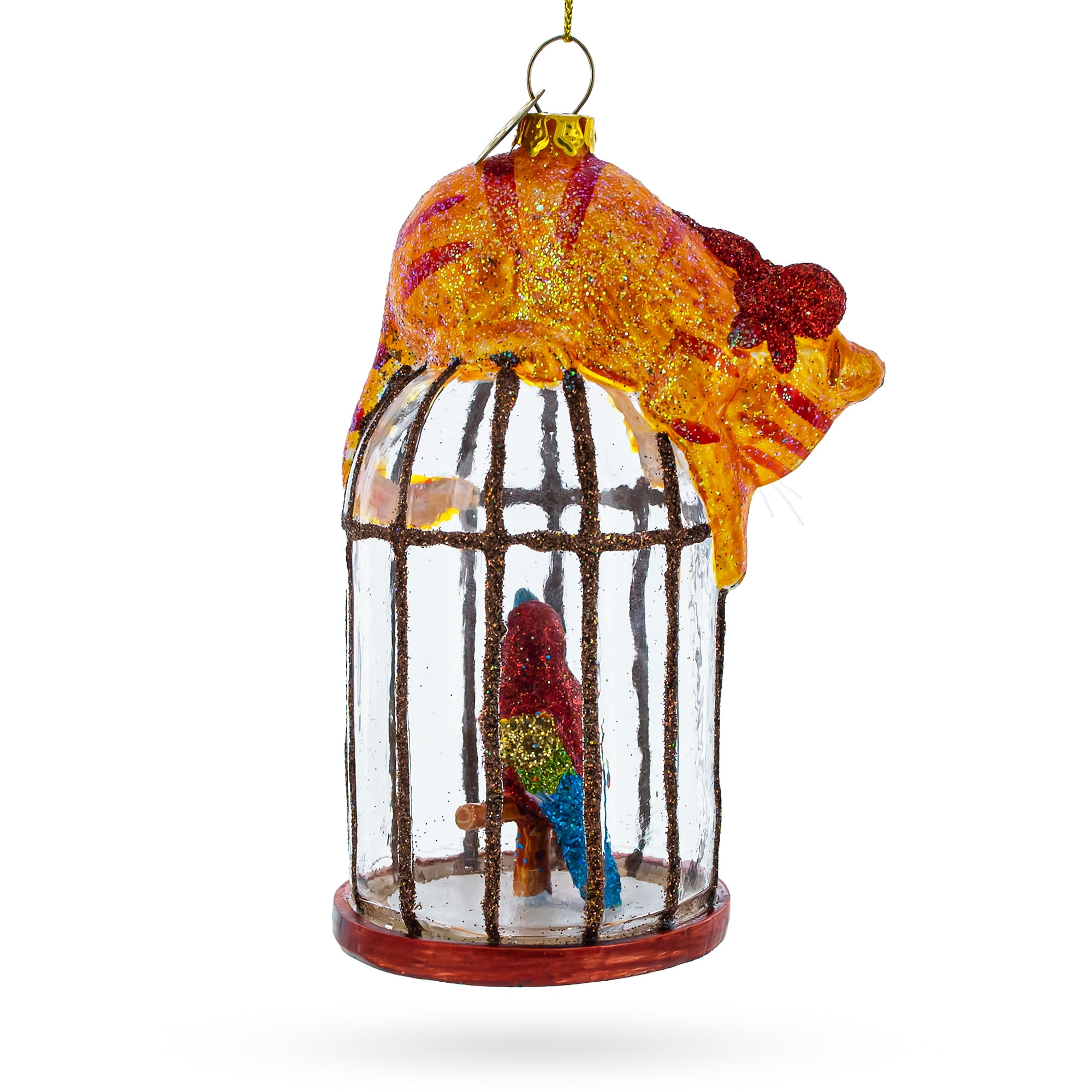 Parrot Cage Glass Ornament with Cat 5