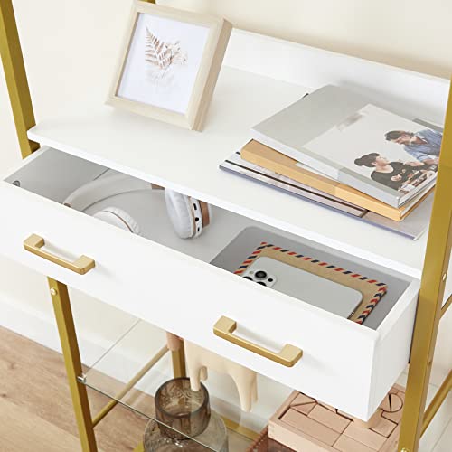 Modern Glass Bookshelf with Charging Station and Drawer