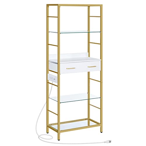 Modern Glass Bookshelf with Charging Station and Drawer