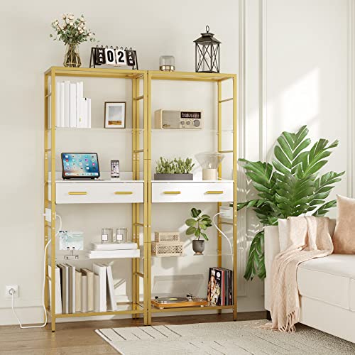 Modern Glass Bookshelf with Charging Station and Drawer