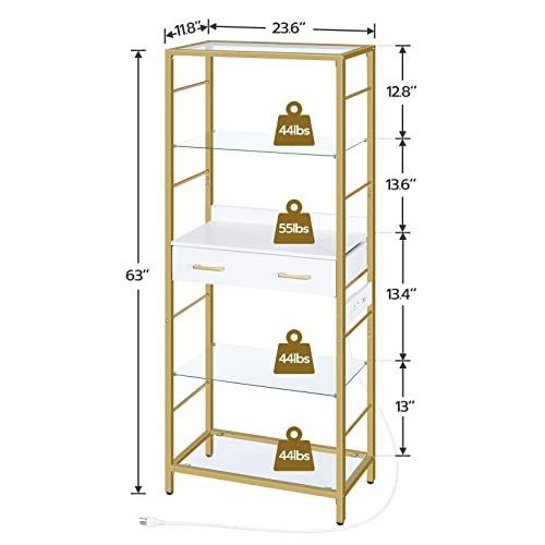 Modern Glass Bookshelf with Charging Station and Drawer