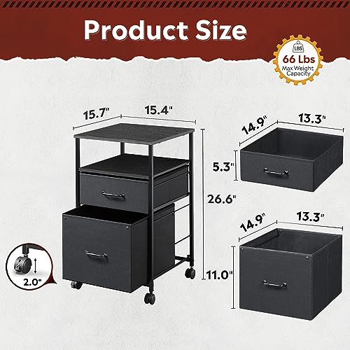 Black 2-Drawer Rolling File Cabinet with Storage