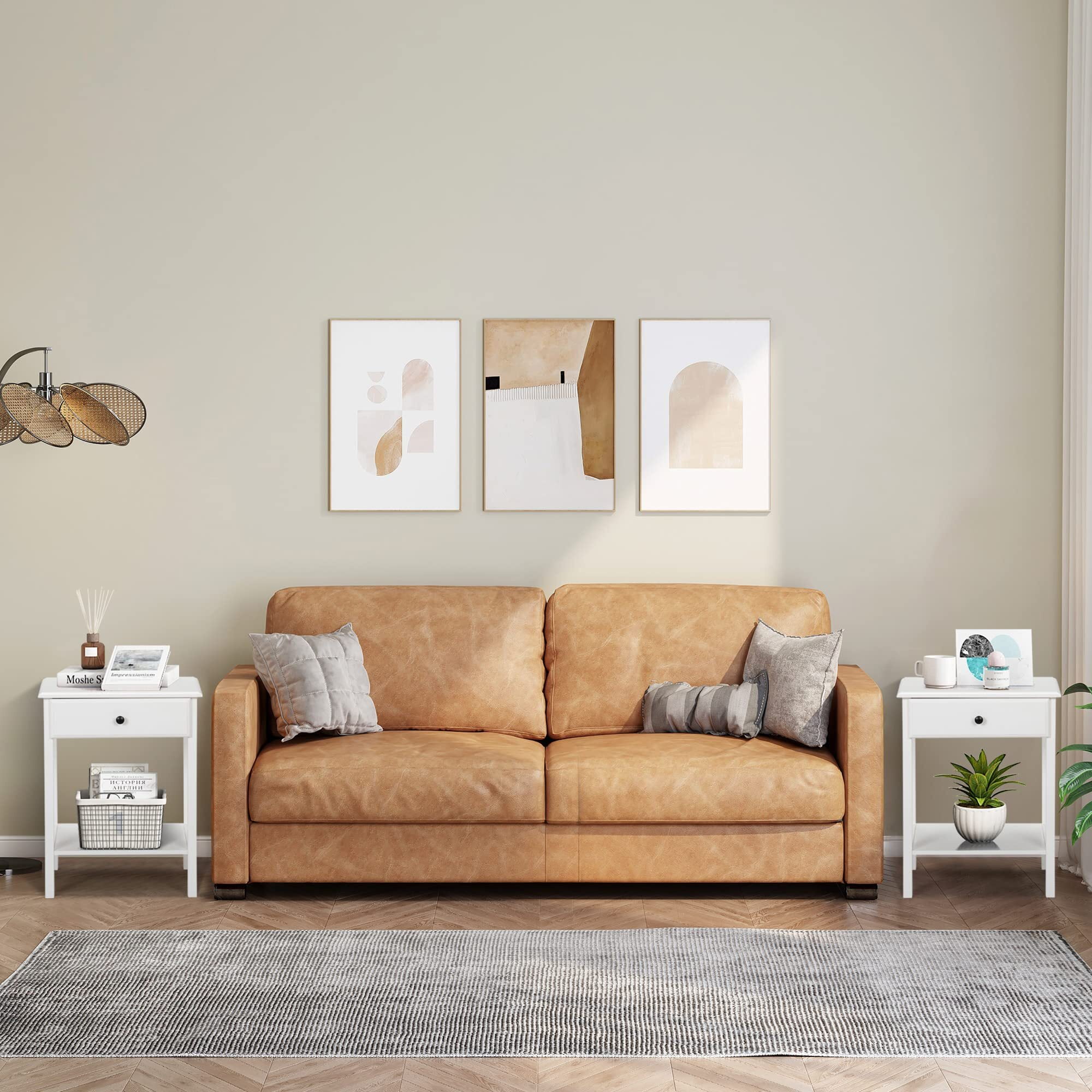 Modern White Boucle End Table Set of 2