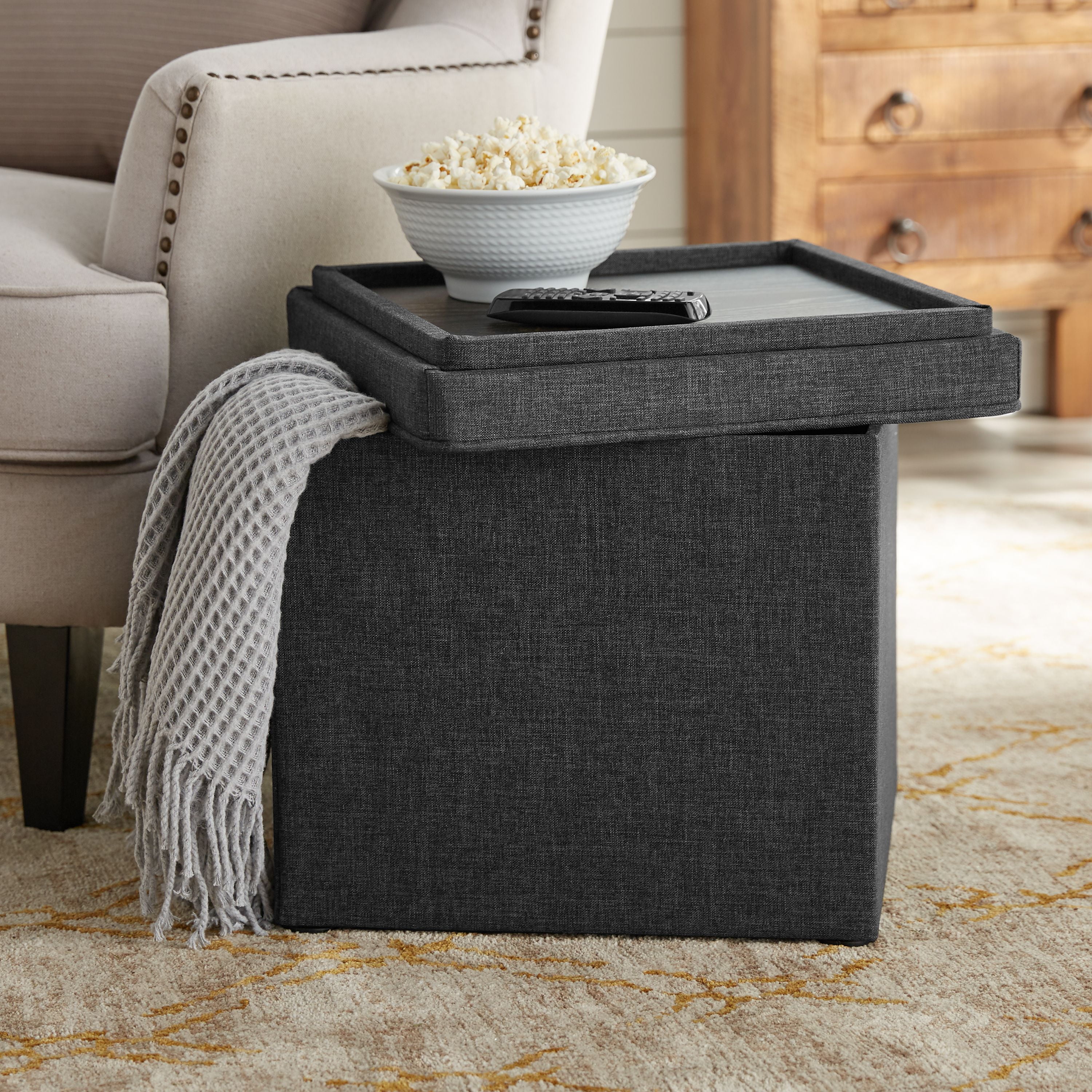 Addison Grey Storage Ottoman with Tray, 16